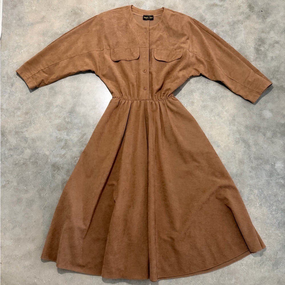 Vintage Suede-like Brown Button Up Midi Dress